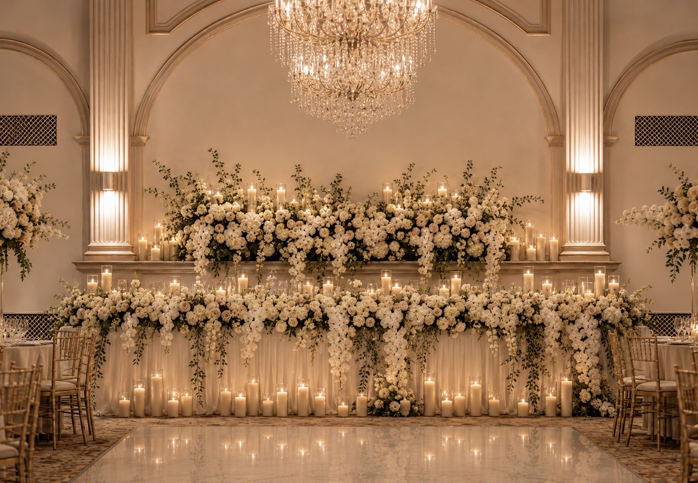 Luxury wedding floral styling and candlelit bridal table