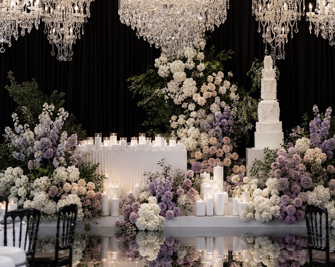 Luxury Sydney wedding floral styling with romantic reception florals and candlelight