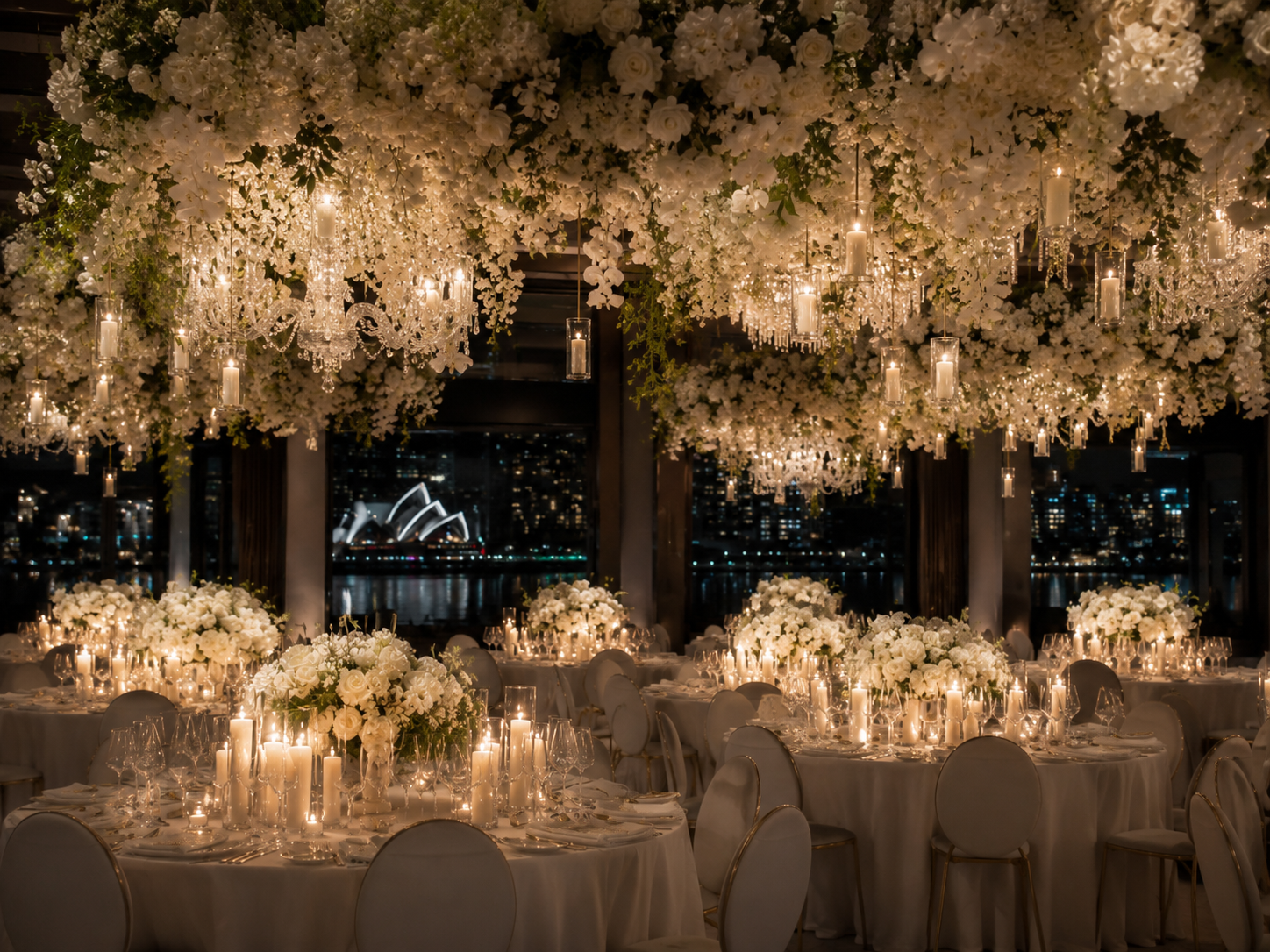 Luxury hanging floral installation for a Sydney wedding reception