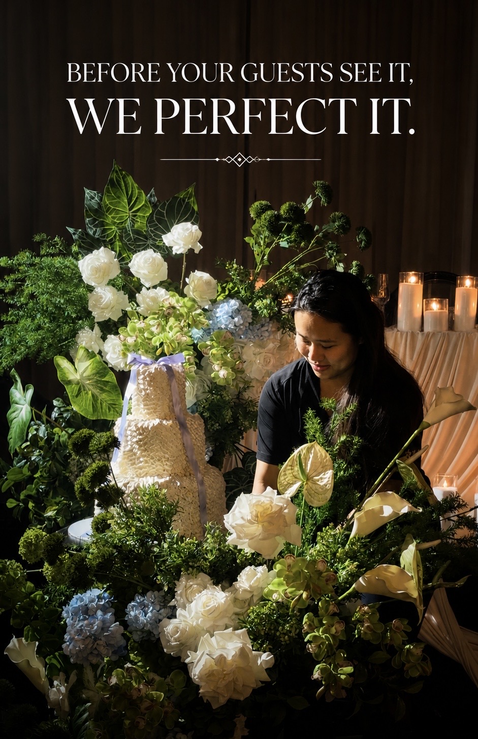 R&L Magical Moments wedding floral styling being carefully refined before guests enter the reception